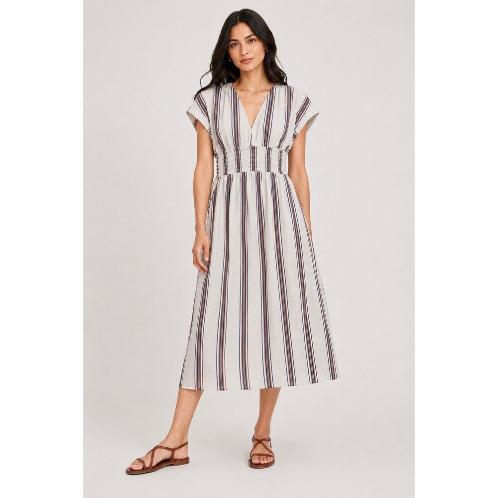 LOFT Beach NEW Long Striped Smocked Waist Dress Coastal Boho 100% Cotton XL - Picture 1 of 7